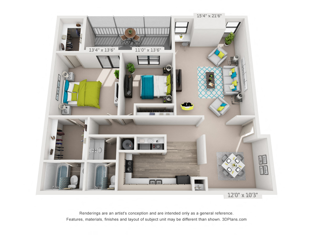 Floor plan for 2 beds, 2 baths, 1360 sqft
